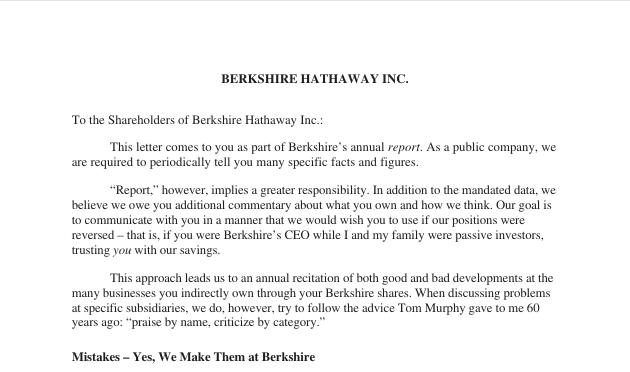 Primera página de la carta anual de Berkshire Hathaway liquidez a sus accionistas